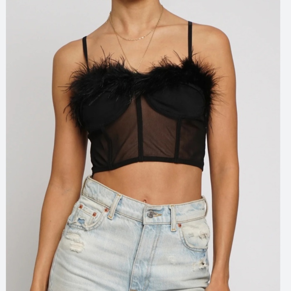 Sans Souci Feathered Sheer Corset Bra Top | black | L